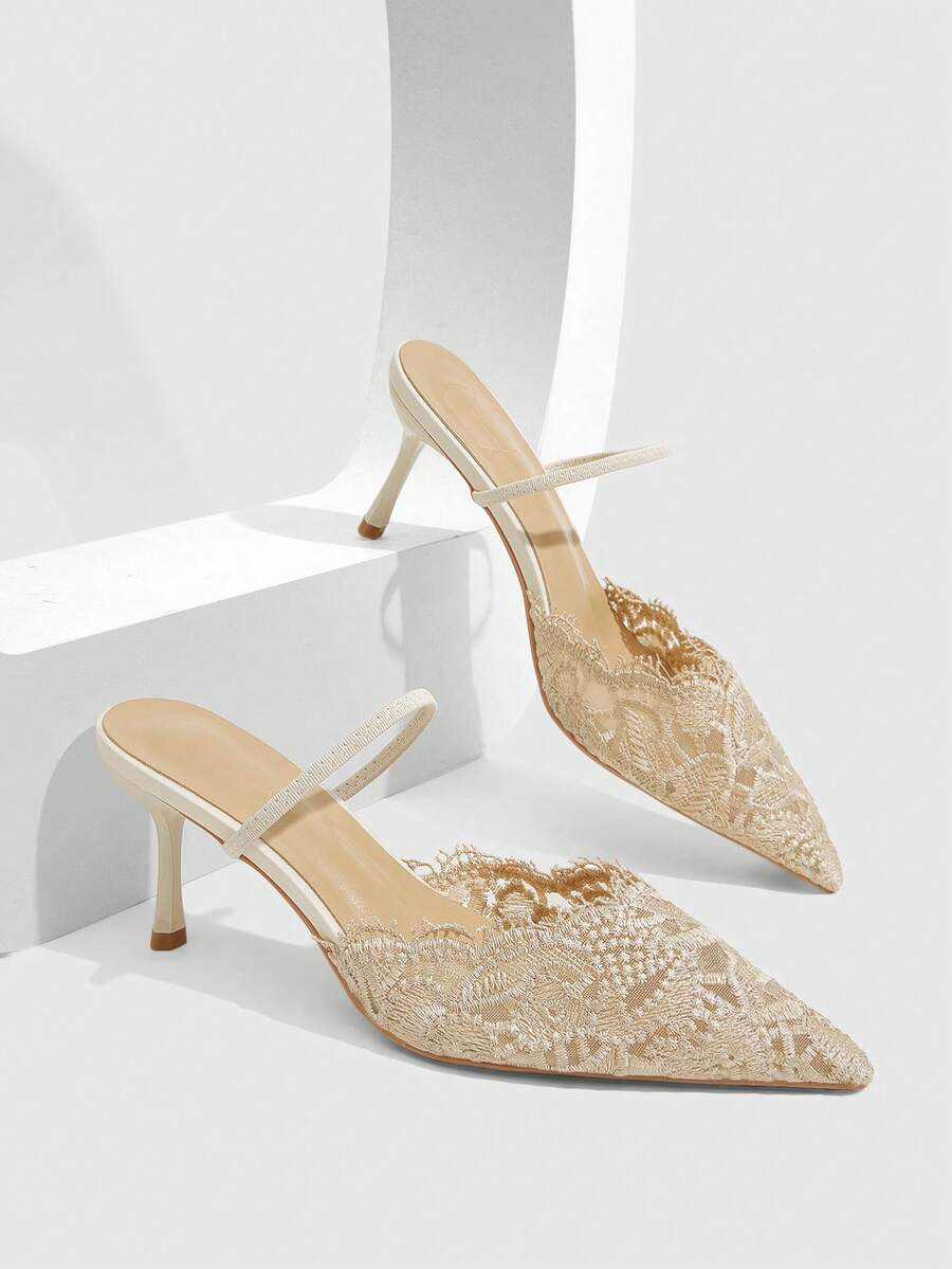 CUCCOO SZL Ladies Romantic Nude Lace High Heel Drag Pointed Thin Heel Half Drag - Apricot - View 1