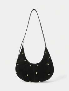 SHECARRY Ladies' Fashionable Black Shoulder Bag, Exquisite Rivet Decoration, Simple Crescent Bag, For Daily, Commuting, Shopping, Festivals - Black - View 3