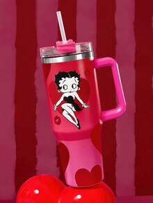 Betty Boop x SHEIN 40oz 附手柄保溫杯，真空保溫水壺，不鏽鋼旅行馬克杯，車用杯 - 紅色 - 查看 2