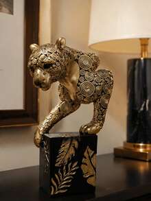 1件金色豹子樹脂雕像附裝飾黑色底座，動物雕像擺飾，奢華桌面裝飾，適用客廳、辦公室書架櫃檯桌面展示，家居藝術工藝裝飾，節日入宅禮物 - 多色 - 查看 14