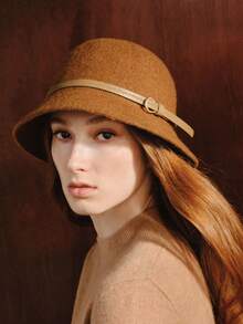 Opalesca Topi Nelayan Wol Warna Polos Retro untuk Wanita, Topi Tinggi Dekoratif dengan Gesper Sabuk, Topi Baskom Musim Gugur dan Musim Dingin - Coffee Brown - View 3