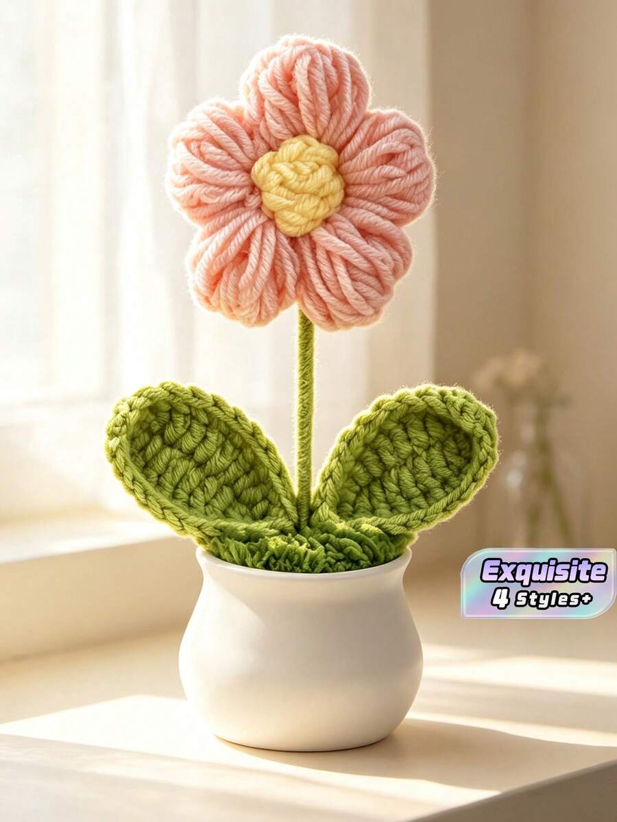 1Pc Hand‑Crocheted Big Puff Flower Potted Plant, Knitted Artificial Flower Bonsai, Desktop Tabletop Ornament, Handmade Home Decor Gift - A - View 1