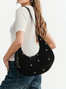 SHECARRY Ladies' Fashionable Black Shoulder Bag, Exquisite Rivet Decoration, Simple Crescent Bag, For Daily, Commuting, Shopping, Festivals - Black - View 7