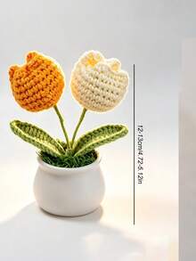 1Pc Hand‑Crocheted Double‑Head Tulip Potted Plant, Knitted Artificial Flower Bonsai, Cute Desktop Ornament, Handmade Home Decor Gift - B - View 3
