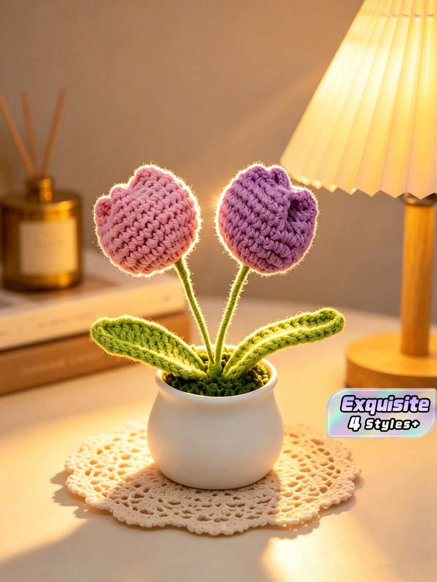 1Pc Hand‑Crocheted Double‑Head Tulip Potted Plant, Knitted Artificial Flower Bonsai, Cute Desktop Ornament, Handmade Home Decor Gift - B - View 1