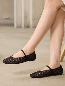 MOTF WOMEN'S FRENCH NEW HOLLOW WOVEN BALLET SHOES ELEGANT FASHION COFFEE VERSATILE CASUAL COMFORTABLE MARY JANE SHOES FALL SHOES - Coffee - View 2