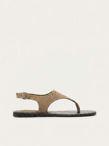 Nöista Flat Toe Sandals With Eyelet Details, Contrast Stitching And Adjustable Straps For A Casual Look - Khaki - View 8