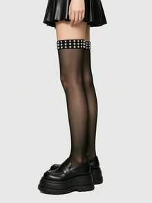 ROMWE Kawaii 1 Pair Of Punk Style Multi-Layer Riveted Rhinestone Knee Socks, Y2K Black Solid Color High Tube Socks, Polyester Thin Material Stockings - Rhinestone rivets 60cm - View 2