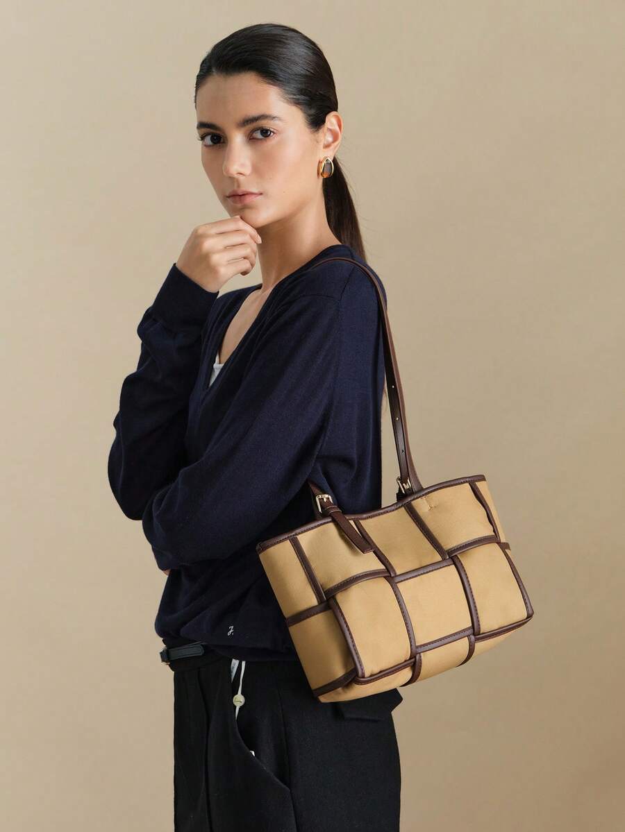 Wovira Women's Fashion Khaki Shoulder Bag, Retro Contrasting Woven Tote Bag, Suitable For Daily, Commuting, Shopping, Gift Giving - Khaki - View 1