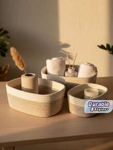 1PC Minimalist Woven Storage Basket, Boho Geometric Rattan Bin For Home & Garden Decor, Bathroom & Cosmetic Storage, Natural Wooden Plant Pot Holder, Bohemian Rope Basket For Sundries, Stationery, Office & Outdoor Use - View 1
