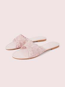 CUCCOO DOLLMOD 女款粉色刺繡裝飾甜美風涼鞋平底拖鞋 - 粉色2 - 查看 2