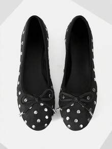 Mnmlis Women's Rivet Ballet Flats, Black Suede Round Toe Bow Slip-On Flats, Daily/Office/Party Comfort Flats - Black - View 1