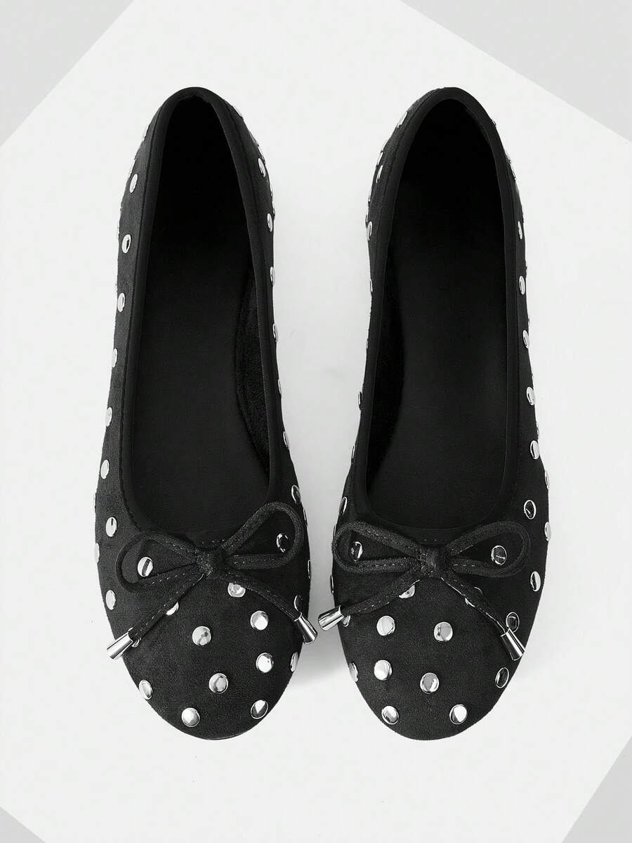 Mnmlis Women's Rivet Ballet Flats, Black Suede Round Toe Bow Slip-On Flats, Daily/Office/Party Comfort Flats - Black - View 1