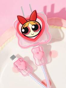 THE POWERPUFF GIRLS X SHEIN 數據線保護套，適用於 iPhone 充電器，4 件組手機線材保護套，充電器保護套（不含數據線） - 粉色 - 查看 2