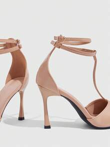CUCCOO SZL Sepatu Hak Tinggi Wanita Model T-Band Lancip dari Kulit Paten Warna Nude - Aprikot - View 4