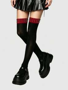 ROMWE Goth 1 Pair Of Punk Style Multi-Layer Rivet Knee Socks, Y2K Red Wide-Brimmed High-Tube Socks, Fashionable Elastic Black Stockings - Rivet red edge black socks - View 3