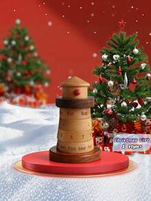 1Pc Creative Lighthouse Solid Wood Perpetual Calendar Desktop Ornament Wooden Craft Office Desk Decor For Home Study Christmas Gift Must Have - multicolor - View 1