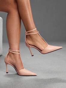 CUCCOO SZL Sepatu Hak Tinggi Wanita Model T-Band Lancip dari Kulit Paten Warna Nude - Aprikot - View 3