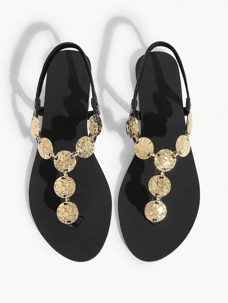 Grefit Women's Shoes New Fashionable Black Round Toe Round Decorative Flat-Bottomed Pinch Sandals, Vacation Date Summer Travel Wear - Black - View 3
