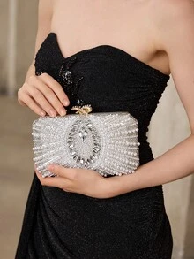 MOTF LADIES FASHION PEARL DIAMOND SILVER DINNER CLUTCH FOR PARTIES, CHRISTMAS, NEW YEAR GIFTS, WEDDINGS, DRESS MATCHING - Silver - View 7