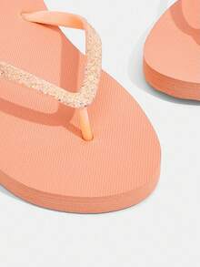 Grefit 1 Pair Fashionable Black Glitter Flat Comfortable High Elastic Thong Sandals, Beach, Holiday, Home Slippers, Solid Orange Color - Coral Pink - View 4