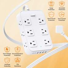 Teckwe 19-In-1 Power Strip Surge Protector With 12AC Outlets, 4USB & 2Type-C Ports | Multi Plug Outlet Expander, USB Wall Plug, Compact Desk Multi-Plug Outlet | Flat Plug Design, Space-Saving Extension Cord For Home, Office And Kitchen - White - View 8