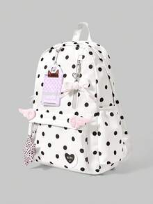 ROMWE Anime College Style Black And White Polka Dot Printed Star Wing Card Cover Decoration Multi-Pocket Fashion Casual Large Capacity Backpack Suitable For Commu - Black and white polka dots - View 3