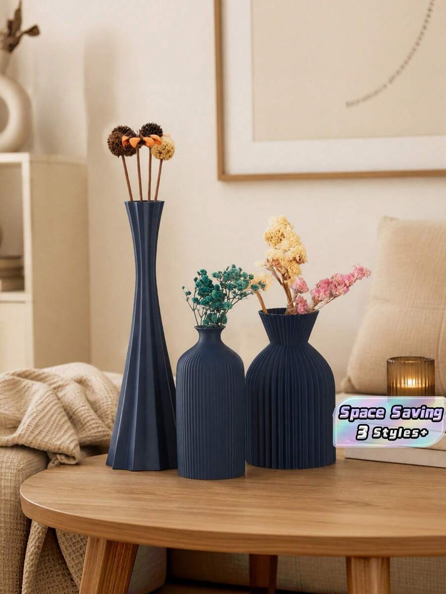 1PC Standard Size Nordic Style Vertical Ribbed 3 Pieces Art Vase Set With Pleated Textured Wrinkle Finish Minimalist Elegant Design For Fresh And Dried Flowers Display Tabletop Centerpiece For Living Room Desk Shelf Office Home Decor Essential - A - View 1