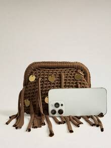 Wovira Ladies Brown Woven Clutch Bag, Decorative Metal Discs, Fringed Handbag, For, Seaside, Beach, Party, Vacation, Travel, Bohemian - Brown - View 6