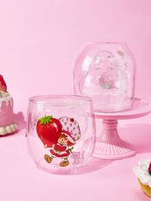 Strawberry Shortcake X SHEIN 1個 7.1oz/210ml 卡通角色造型雙層硼矽酸鹽玻璃杯，3D立體耐熱，適用於牛奶、果汁、咖啡等， Cheer Bear 心形，禮物首選 - 淺粉色 - 查看 1