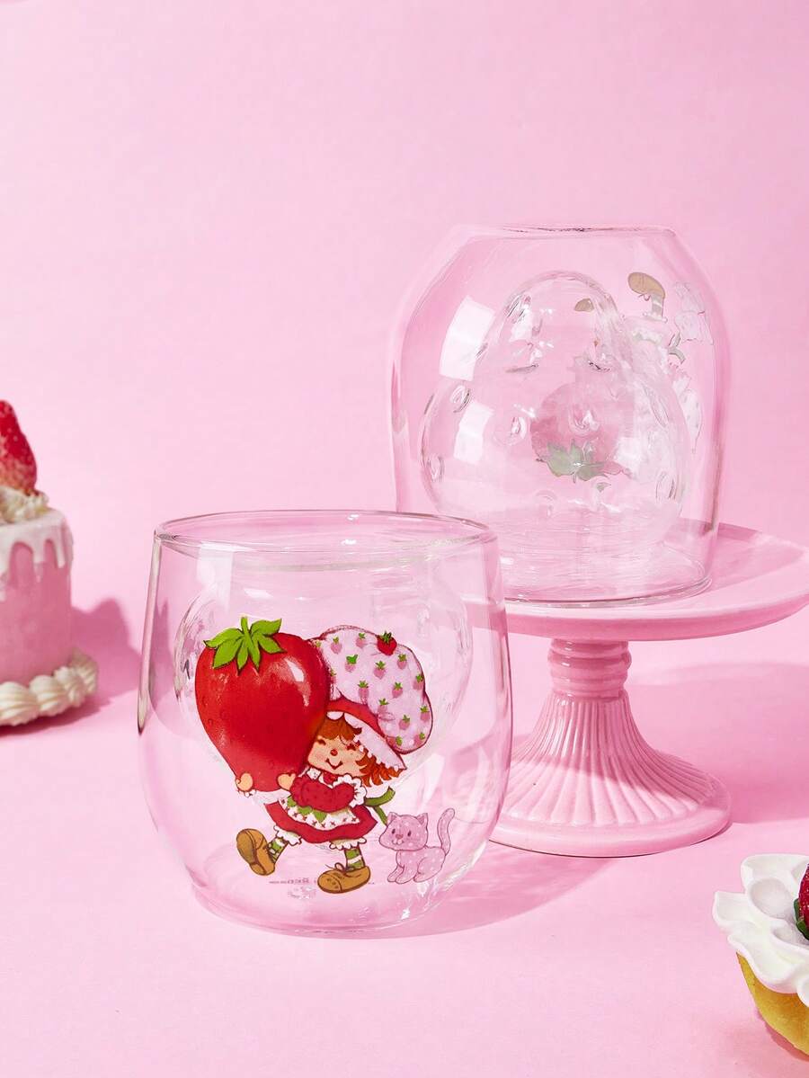 Strawberry Shortcake X SHEIN 1個 7.1oz/210ml 卡通角色造型雙層硼矽酸鹽玻璃杯,3D立體耐熱,適用於牛奶、果汁、咖啡等, Cheer Bear 心形,禮物首選 - 淺粉色 - 查看 1