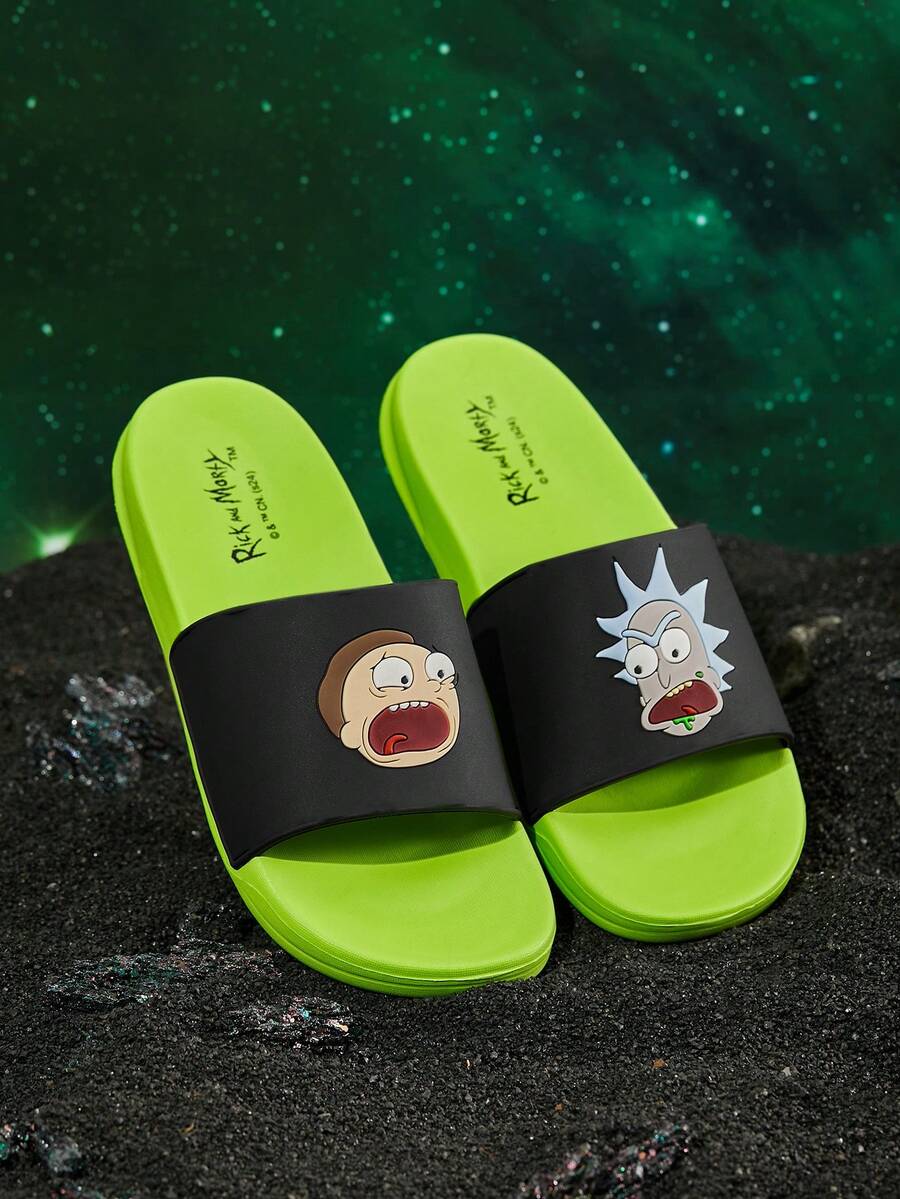 Rick and Morty X SHEIN 卡通女款拖鞋,EVA材質,透氣快乾、輕量耐用,適用室內外、浴室、遊樂場、游泳池、海灘涼鞋 - 綠色 - 查看 1
