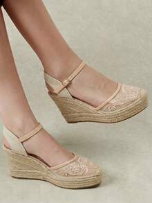 Styleloop Women's Mesh Lace Embroidery Beaded Decoration And Color Matching Toe Design Fashionable Wedge Heel Shoes, Women's Closed Toe With Hemp Rope Fall Shoes - Apricot - View 2