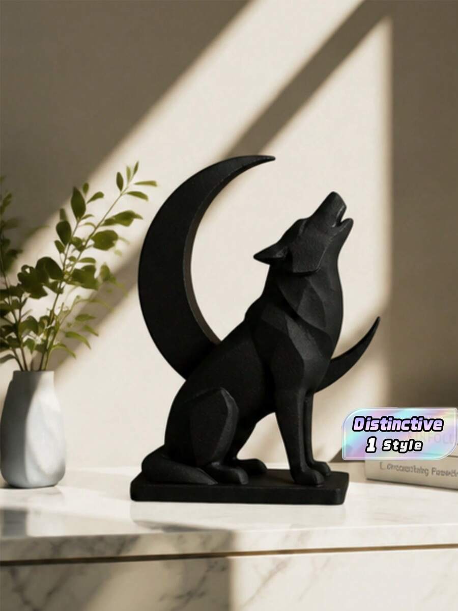 Gothic Wolf And Crescent Moon Figurine Ornament Abstract Howling Wolf Statue For Home Desktop Shelf Decor - multicolor - View 1