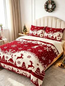 Joivida 2/3pcs Christmas Velvet Duvet Cover Set, Soft Warm Fleece Red Reindeer & Snowflake Bedding Set, Reversible Winter Nordic Fair Isle Comforter Cover With 1/2 Shams (No Insert) - Multicolor - View 5