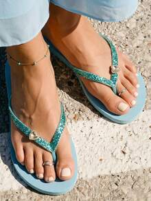 Grefit Women's Flip-Flops, Wild Leopard Print And Rhinestone Flip-Flops, Rose Gold With Flash Rhinestones, Seaside Vacation Fashion Women's Shoes Summer - Green - View 2