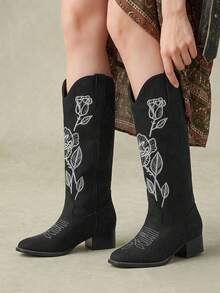Styleloop 女款復古刺繡西部牛仔靴，尖頭粗跟套腳中筒靴，美式復古波希米亞風，適合音樂節、Coachella、派對、度假 - 黑色 - 查看 10