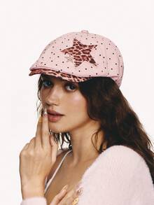 Popjeli Topi Baseball Retro Y2K Motif Polkadot Merah Muda Keren dengan Tambal Sulam Bintang Leopard - Berwarna merah muda - View 5