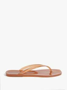 Grefit Spring And Summer New Square Toe Flat Bottom Casual Vacation Simple Light Brown Flat Sandals Slippers Women's Flip-Flops - Light brown - View 3