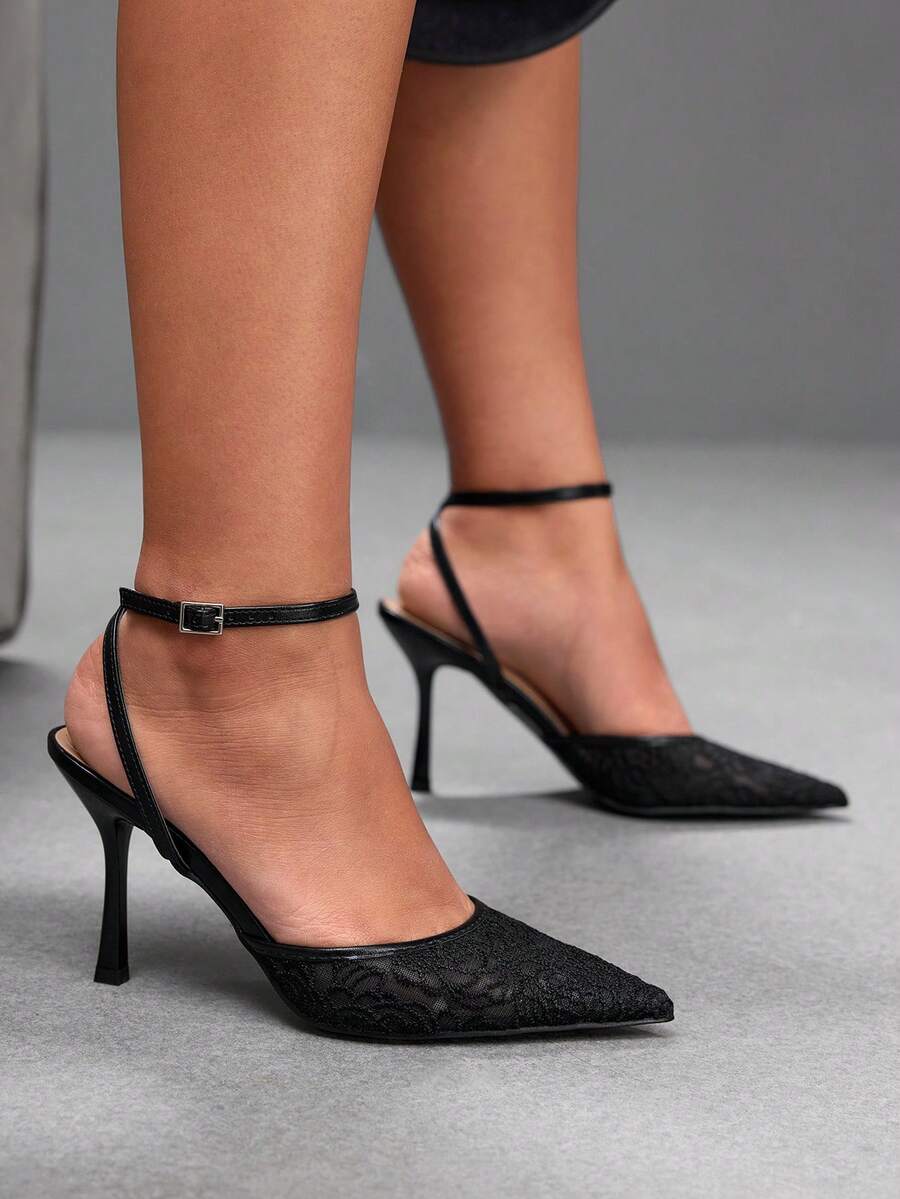 CUCCOO SZL Women's Pointed Toe Round Vamp Breathable Rose Pattern Lace Surface. Cone Paint High Heel. Cross Back Strap Shoes. Four Seasons Fashion Fest Fall Shoes - Black - View 1