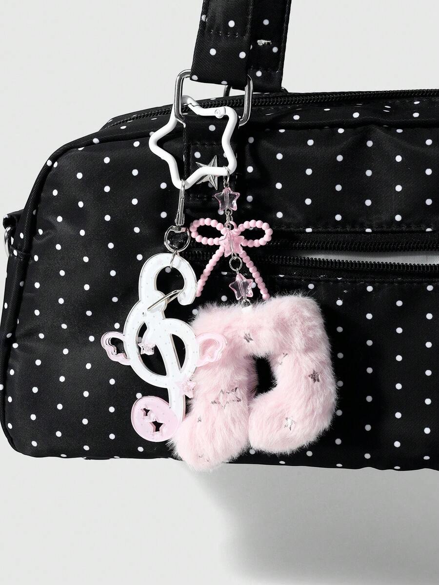 ROMWE Anime 1 Korean Sweet, Gentle And Fashionable Pink And White Bow, Star Polka Dot Wings, Shiny Notes DIY Keychain Bag Pendant, Suitable For Girls' Daily Wear - Pink White-6 - View 1