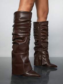 SHUZIA Botas de cuña con caída alta, con vibra de vacaciones para zapatos de verano, zapatos de primavera, vacaciones de primavera, Pascua y Navidad - Marrón - Ver 2