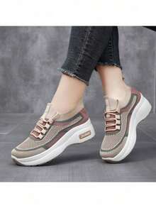 2025 Spring Women'S Thick Sole Casual Sneakers, Breathable Comfortable Platform Shoes For Mothers - Beige - View 5