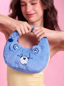 SHEIN X Care Bears 可愛3D耳朵刺繡毛絨熊手提包，柔軟觸感，大容量，適合日常通勤與休閒外出 - 藍色 - 查看 1