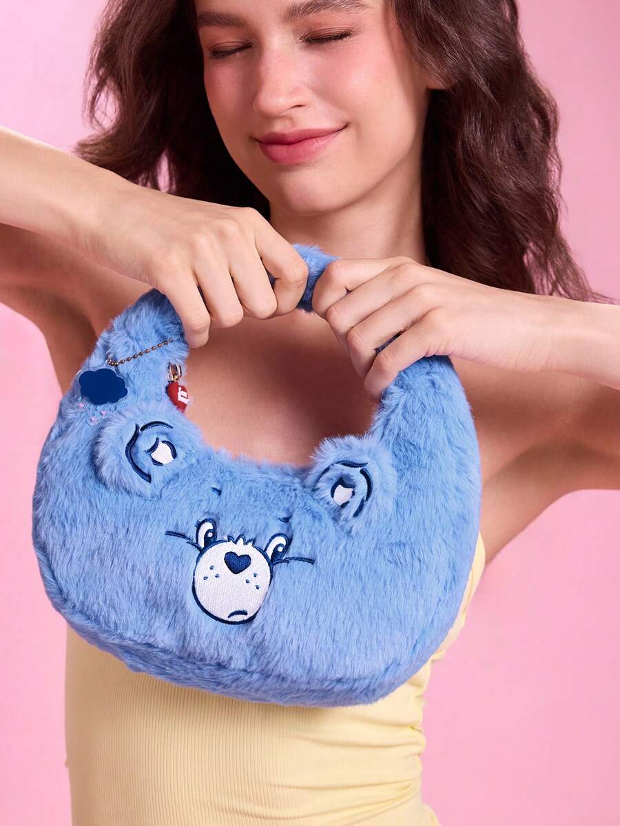 SHEIN X Care Bears 可愛3D耳朵刺繡毛絨熊手提包,柔軟觸感,大容量,適合日常通勤與休閒外出 - 藍色 - 查看 1