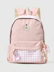 ROMWE Kawaii 1件粉色格紋蘋果刺繡後背包，珍珠緞帶吊飾拼接可愛休閒女孩書包 - 粉色格紋款 - 查看 1