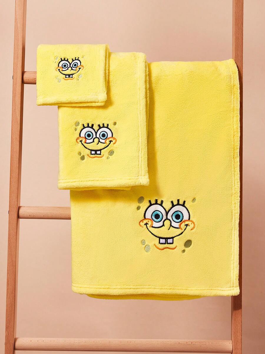 SpongeBob SquarePants | SHEIN 1/3件超吸水毛巾,貓頭鷹卡通刺繡毛巾套裝,手巾/毛巾/浴巾三件套,可用於擦手、洗澡、海灘、游泳 - 黃色 - 查看 1