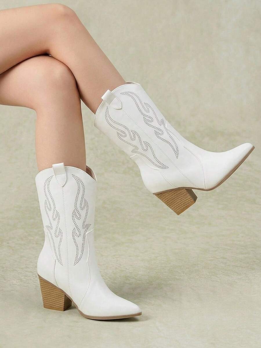 Styleloop Women's Pointed Heel Side Zipper Autumn And Winter Boots PU Western Boots Ankle Boots Women's Boots Rhinestones Fall Shoes - White PU - View 1