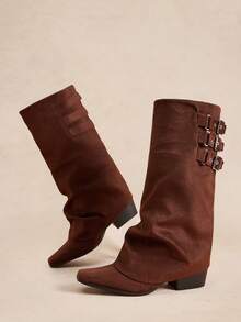 Rosivie 2026 New Thick Heel High Tube Elastic Slip-On Women's Boots Fashionable Natural Wrinkled Western Boots - Dark coffee - View 5