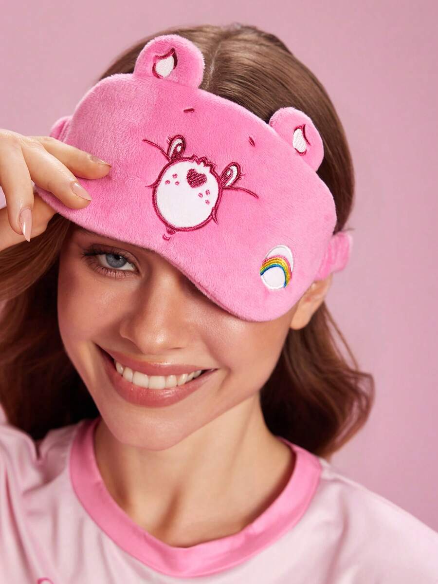 SHEIN X Care Bears 1件裝卡通刺繡眼罩，柔軟毛絨材質，強遮光效果，適合外出旅行、辦公室午休使用 - 深粉 - 查看 1